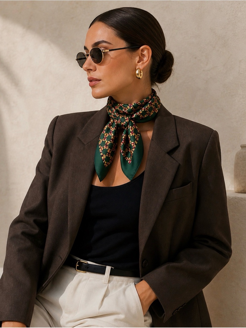 Silk-Feel Green geometric Print Neck Scarf